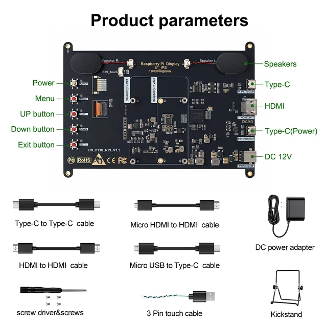 Alt view image 4 of 7 - Unew 8 Inch Raspberry Pi Touchscreen Monitor, 1920x1200 IPS Portable Small HDMI Monitor with Dual Speakers, 60Hz 350 Nits 16:10 Touch Screen Display for Raspberry Pi 5 4B 3B, Windows Mac PC Laptop