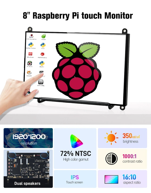 Alt view image 7 of 7 - Unew 8 Inch Raspberry Pi Touchscreen Monitor, 1920x1200 IPS Portable Small HDMI Monitor with Dual Speakers, 60Hz 350 Nits 16:10 Touch Screen Display for Raspberry Pi 5 4B 3B, Windows Mac PC Laptop