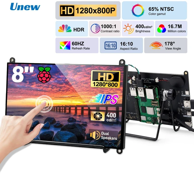 Main image of Unew 8 Inch Raspberry Pi Touchscreen Monitor, HD 1280x800 IPS 10-Point Touch Screen, 400 Nits HDMI USB-C Small Portable Monitor with Dual Speakers for Raspberry Pi 5 4B 3B Windows Mac Linux PC