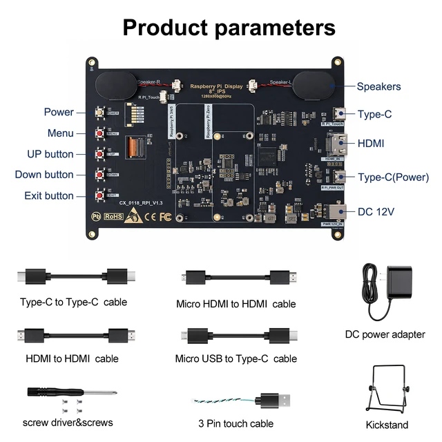 Alt view image 4 of 6 - Unew 8 Inch Raspberry Pi Touchscreen Monitor, HD 1280x800 IPS 10-Point Touch Screen, 400 Nits HDMI USB-C Small Portable Monitor with Dual Speakers for Raspberry Pi 5 4B 3B Windows Mac Linux PC