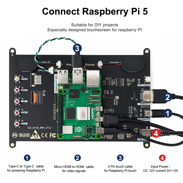 Alt view image 5 of 6 - Unew 8 Inch Raspberry Pi Touchscreen Monitor, HD 1280x800 IPS 10-Point Touch Screen, 400 Nits HDMI USB-C Small Portable Monitor with Dual Speakers for Raspberry Pi 5 4B 3B Windows Mac Linux PC