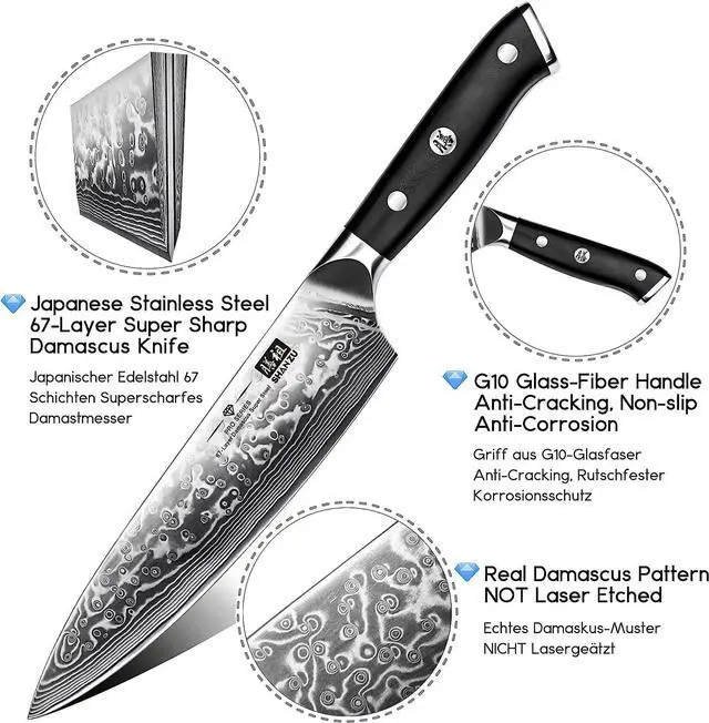 Alt view image 3 of 7 - SHAN ZU Chef Knife 8 Inch Japanese Steel Damascus Kitchen Knife, Professional Kitchen Knives Sharp High Carbon Super Steel Kitchen Utility Knife