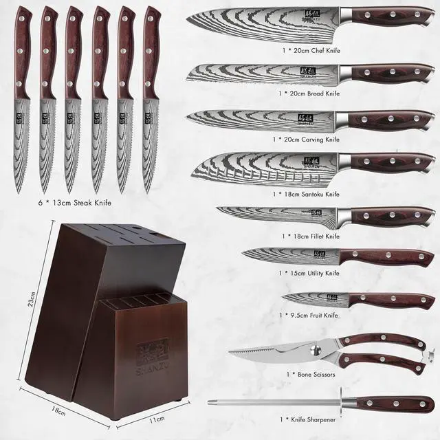 Alt view image 2 of 7 - SHAN ZU 16-Piece Japanese Knife Set - High Carbon Stainless Steel Kitchen Knife Set with Block and Sharpener