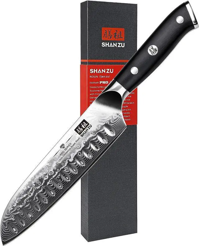 Main image of SHANZU Santoku Chef's Knife 7 Inch Multifunction Kitchen Knives Damascus Stainless Steel & Ergonomic Fiberglass G10 Handle Best Sharp High-Carbon Knives