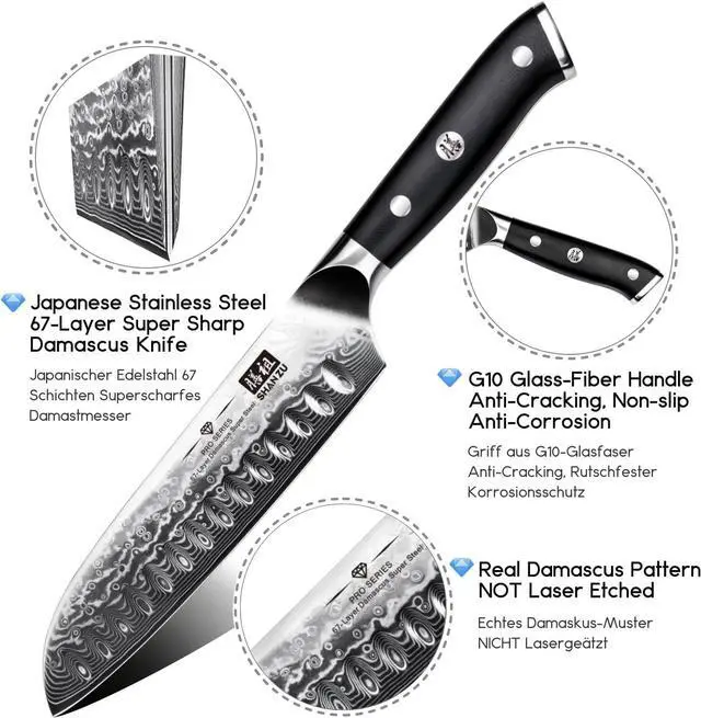 Alt view image 6 of 6 - SHANZU Santoku Chef's Knife 7 Inch Multifunction Kitchen Knives Damascus Stainless Steel & Ergonomic Fiberglass G10 Handle Best Sharp High-Carbon Knives