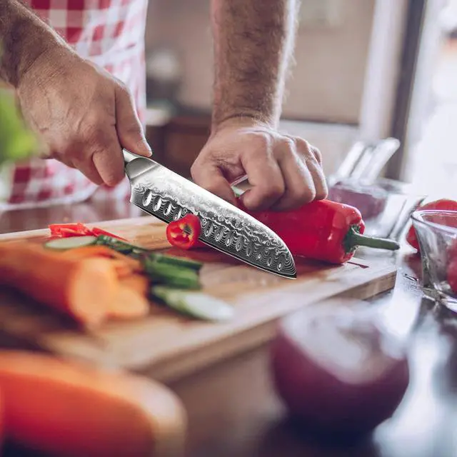 Alt view image 5 of 6 - SHANZU Santoku Chef's Knife 7 Inch Multifunction Kitchen Knives Damascus Stainless Steel & Ergonomic Fiberglass G10 Handle Best Sharp High-Carbon Knives