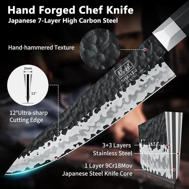 Alt view image 2 of 7 - SHAN ZU Japanese Chef Knife 8 Inch, Hand Forged Kitchen Knife 7 Layers 9Cr18MoV High Carbon Steel Kitchen Utility Knives,Ultra Sharp Gyuto Knife with G10 Ergonomic Handle