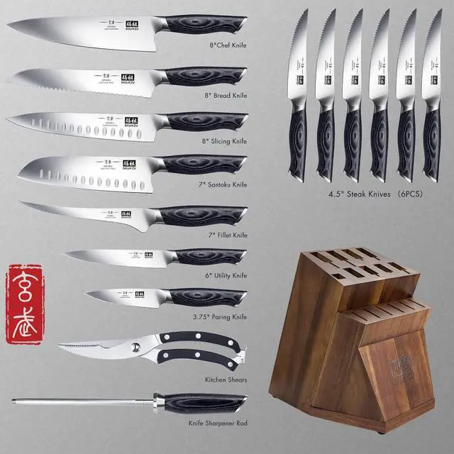 Alt view image 2 of 6 - SHAN ZU Knife Block Set,Knife Sets for Kitchen with Block, Japanese Super Steel Kitchen Knife Sets with Removable Block & K133 Ergonomic Handle, Black Tortoise Genbu Series