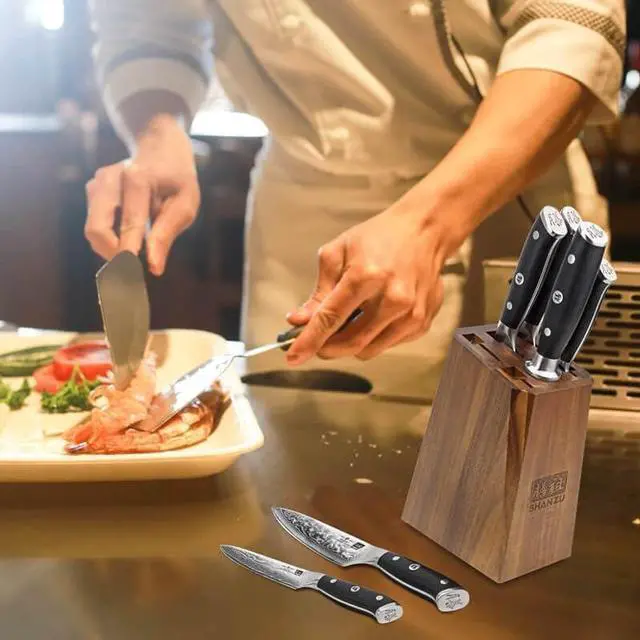 Alt view image 6 of 7 - SHAN ZU Damascus Kitchen Knife Set, 7-Piece Professional Knife Sets for Chefs, Japanese Super Steel Damascus Kitchen Knife Set With G10 Handle Knife Block Set