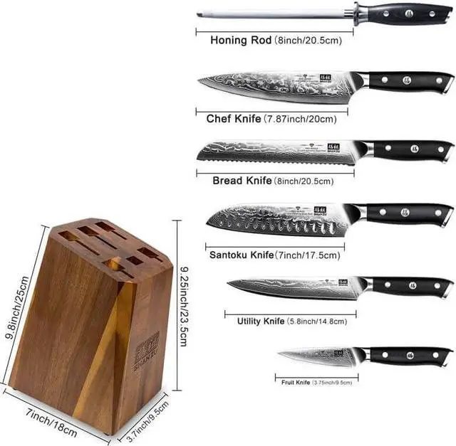 Alt view image 2 of 7 - SHAN ZU Damascus Kitchen Knife Set, 7-Piece Professional Knife Sets for Chefs, Japanese Super Steel Damascus Kitchen Knife Set With G10 Handle Knife Block Set