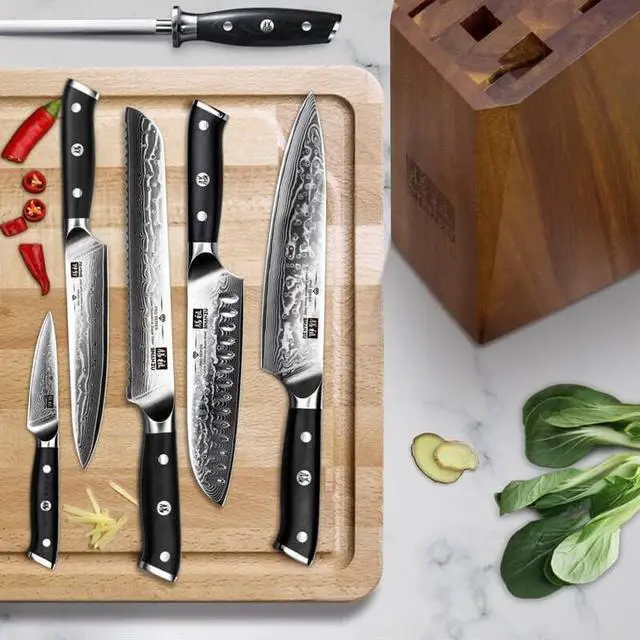 Alt view image 5 of 7 - SHAN ZU Damascus Kitchen Knife Set, 7-Piece Professional Knife Sets for Chefs, Japanese Super Steel Damascus Kitchen Knife Set With G10 Handle Knife Block Set