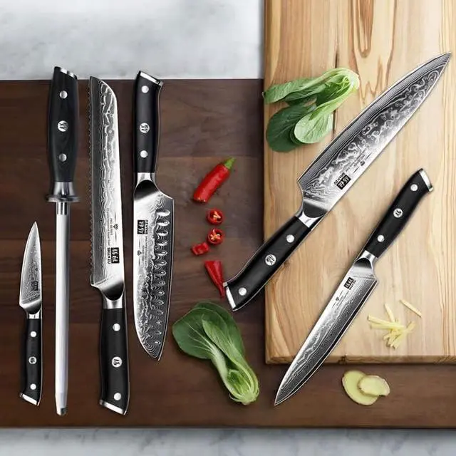 Alt view image 4 of 7 - SHAN ZU Damascus Kitchen Knife Set, 7-Piece Professional Knife Sets for Chefs, Japanese Super Steel Damascus Kitchen Knife Set With G10 Handle Knife Block Set