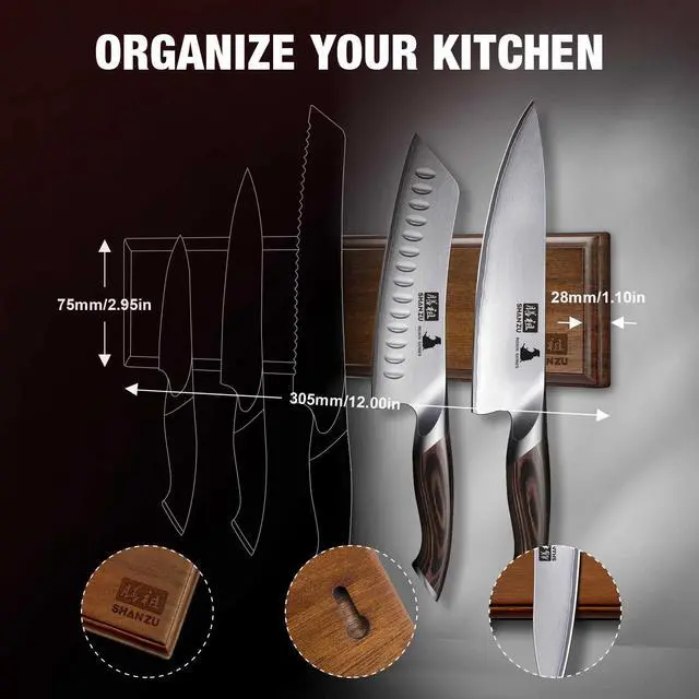 Alt view image 3 of 7 - Shan Zu Magnetic Knife Holder for Wall 12 Inch, Powerful Magnetic Knife Strip, Acacia Wood Magnet Knife Rack for Kitchen Knives & Tools
