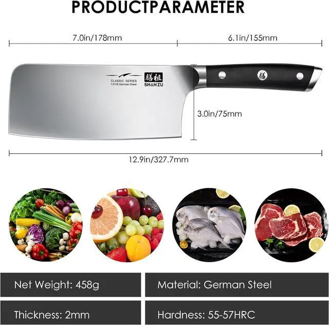 Alt view image 3 of 7 - SHAN ZU Cleaver Knife, Japanese Kitchen Knives 7 Inch High-Carbon German Butcher Chef Knife Stainless Steel Sharp Chopper Chinese Carving Knife Professional Utility Knife with Pakkawood Handle