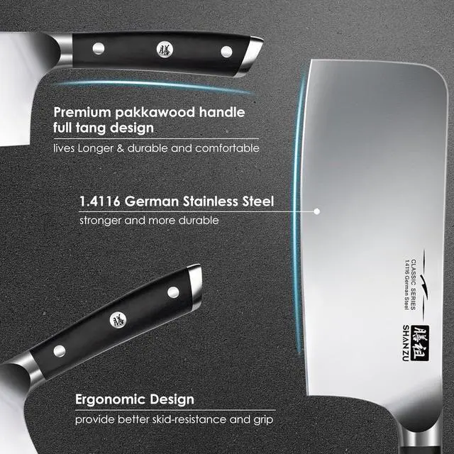 Alt view image 4 of 7 - SHAN ZU Cleaver Knife, Japanese Kitchen Knives 7 Inch High-Carbon German Butcher Chef Knife Stainless Steel Sharp Chopper Chinese Carving Knife Professional Utility Knife with Pakkawood Handle