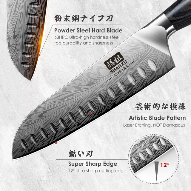 Alt view image 2 of 7 - SHAN ZU Kitchen Knife, Santoku Knife 20cm Professional High Carbon Powder Steel Japanese Knives, Ultra Sharp Kitchen Utility Knives with Ergonomic Pakka Wooden Handle