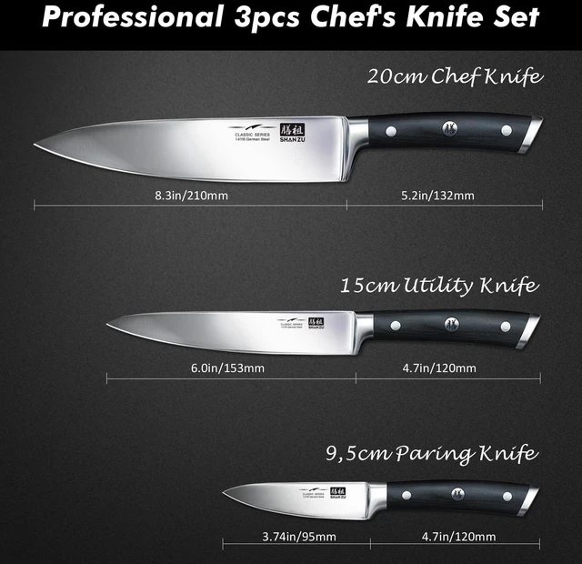 Alt view image 3 of 7 - SHAN ZU Kitchen knife, Chef Knife, Paring Fruit Knife Utility Knives Set 3 piece Cutlery Kitchen Cooking Chef Knives Professional Ultra Sharp German Stainless Steel Blade for Home Restaurant Gift box