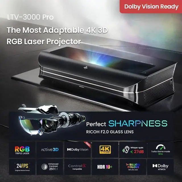 Alt view image 2 of 7 - AWOL VISION LTV-3000 Pro 4K 3D Triple Laser Ultra Short Throw Projector, HDR10+, Dolby Atmos, Dolby Vision, Smart Room Laser TV