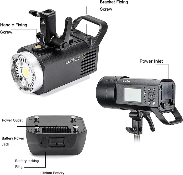 Alt view image 3 of 5 - Godox AD400 Pro Outdoor Flash Strobe, Portable 400W 2.4G TTL 1/8000 HSS Monolight, 0.01-1s Recycle, 30W LED Modeling Lamp with Rechargeable Battery and Bowens Mount