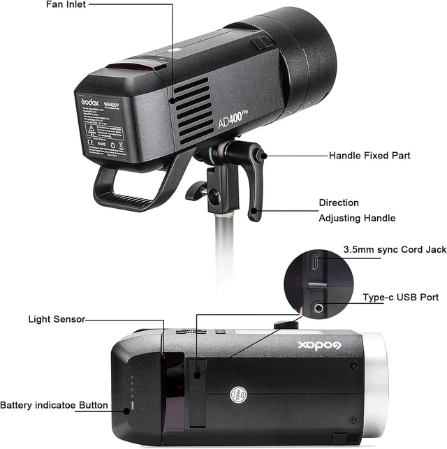 Alt view image 4 of 5 - Godox AD400 Pro Outdoor Flash Strobe, Portable 400W 2.4G TTL 1/8000 HSS Monolight, 0.01-1s Recycle, 30W LED Modeling Lamp with Rechargeable Battery and Bowens Mount