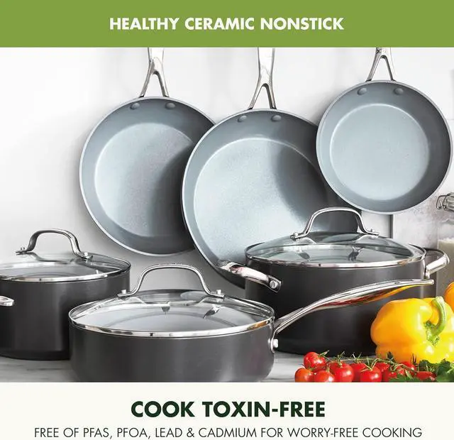 Alt view image 2 of 7 - GreenPan Valencia Pro Hard Anodized 11 Piece Cookware Pots and Pans Set, Ceramic Nonstick PFAS-Free PFOA-Free Coating, Induction, Durable Frying Pans, Saucepans, Lids, Dishwasher & Oven Safe, Gray