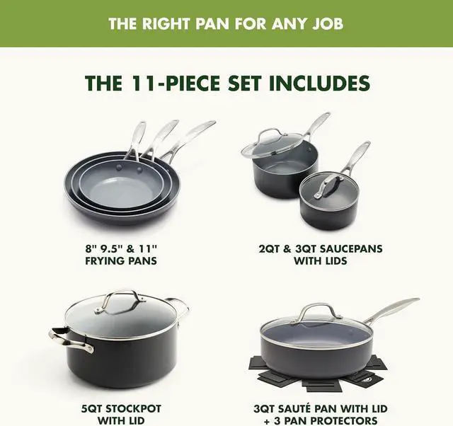 Alt view image 4 of 7 - GreenPan Valencia Pro Hard Anodized 11 Piece Cookware Pots and Pans Set, Ceramic Nonstick PFAS-Free PFOA-Free Coating, Induction, Durable Frying Pans, Saucepans, Lids, Dishwasher & Oven Safe, Gray
