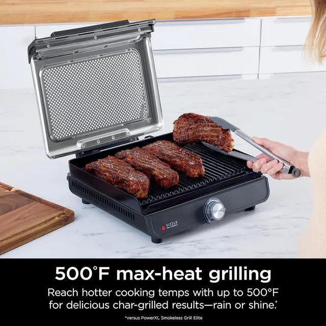 Alt view image 3 of 7 - Griddle and Indoor Grill, 14, Electric Grill, For Steak, Burgers, Salmon, Veggies, and More, Pancake Griddle, Nonstick, Dishwasher Safe, 500F, Even Cooking, Silver, GR101