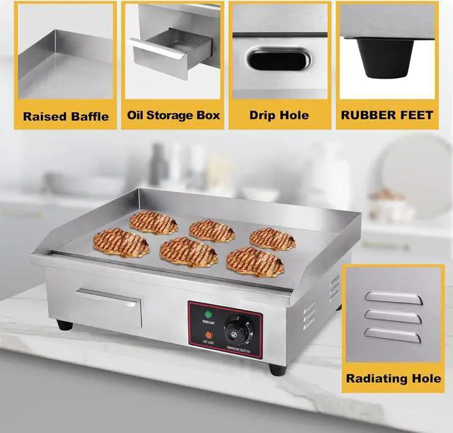 Alt view image 3 of 7 - Heuyrao 22" Commercial Electric Griddle, 3000W 110V Electric Flat Top Grill, Countertop Griddle with Shovels and Brushes for Restaurant Kitchens
