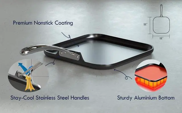 Alt view image 5 of 6 - Cooks Standard Nonstick Square Griddle Pan 11 x 11-Inch, Hard Anodized Cookware Griddle Pan, Black