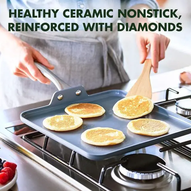 Alt view image 2 of 7 - GreenPan Lima Hard Anodized 11 Square Griddle Pan, Ceramic Nonstick, PFOA PFAS-Free Nontoxic Pots and Pans, Oven & Broiler Safe, Stainless Steel Handle, Cookware for Eggs & Omelet, Gray
