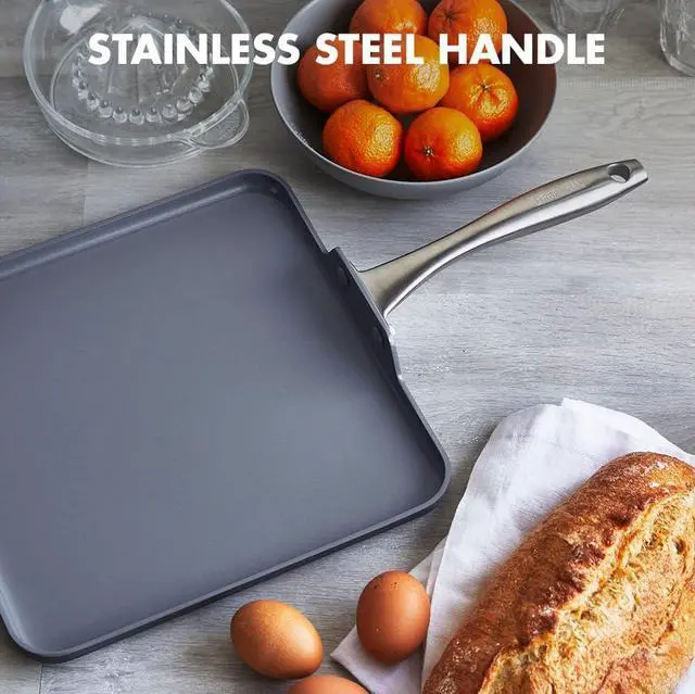 Alt view image 3 of 7 - GreenPan Lima Hard Anodized 11 Square Griddle Pan, Ceramic Nonstick, PFOA PFAS-Free Nontoxic Pots and Pans, Oven & Broiler Safe, Stainless Steel Handle, Cookware for Eggs & Omelet, Gray