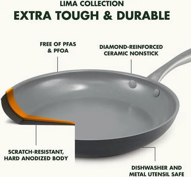Alt view image 4 of 7 - GreenPan Lima Hard Anodized 11 Square Griddle Pan, Ceramic Nonstick, PFOA PFAS-Free Nontoxic Pots and Pans, Oven & Broiler Safe, Stainless Steel Handle, Cookware for Eggs & Omelet, Gray