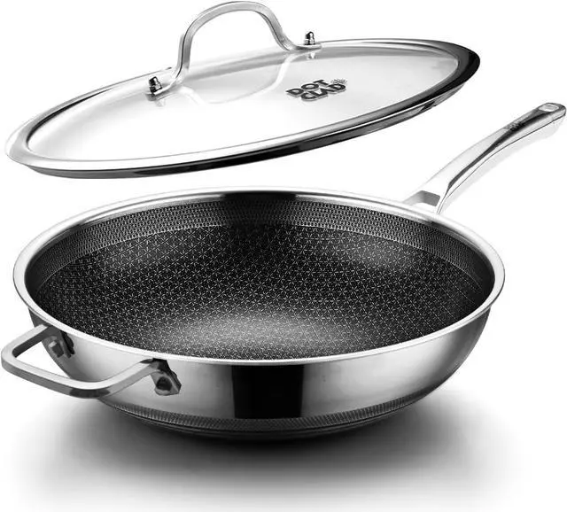 Main image of Wok pan,Hybrid 13 inch Wok with Lid, PFOA Free Cookware,non stick Stainless Steel Woks & Stir-fry pans Nonstick, Dishwasher and Oven Safe, Works on Induction