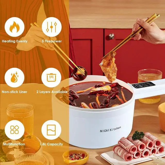 Alt view image 2 of 7 - Electric Hot Pot,1.8L Electric Cooker Steamer, Multifunctional Non-stick Pan,Suitable For Ramen, Steak, Egg,Rice, Oatmeal, Soup Smart Button, Gold