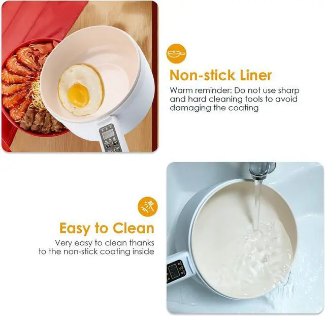 Alt view image 5 of 7 - Electric Hot Pot,1.8L Electric Cooker Steamer, Multifunctional Non-stick Pan,Suitable For Ramen, Steak, Egg,Rice, Oatmeal, Soup Smart Button, Gold