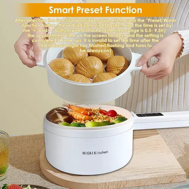 Alt view image 6 of 7 - Electric Hot Pot,1.8L Electric Cooker Steamer, Multifunctional Non-stick Pan,Suitable For Ramen, Steak, Egg,Rice, Oatmeal, Soup Smart Button, Gold