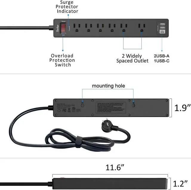 Alt view image 7 of 7 - 6Ft Power Strip Surge Protector - Yintar Extension Cord with 6 AC Outlets and 3 USB Ports for for Home, Office, Dorm Essentials, 1680 Joules, ETL Listed, (Black)