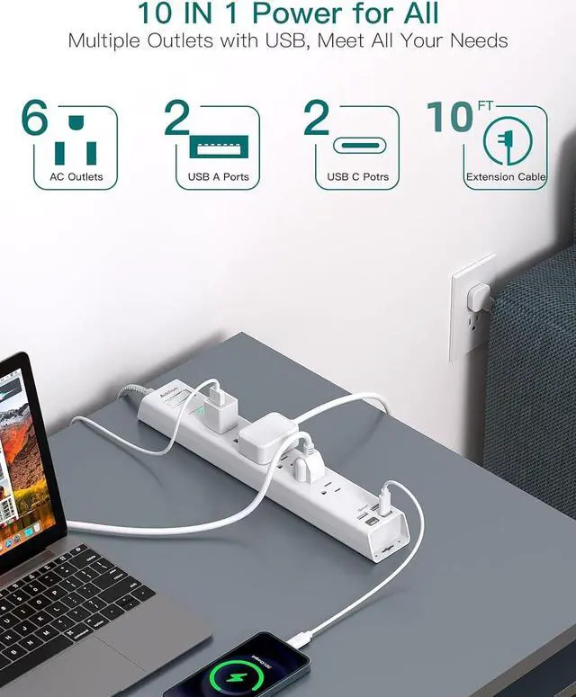 Alt view image 3 of 7 - Extension Cord 10 ft - Long Power Strip Surge Protector 6 AC Outlet 4 USB (2 USB C) Flat Plug Wall Mount Multi Plug Outlet Extender Desk Charging Station for Home Office Dorm Room Essentials