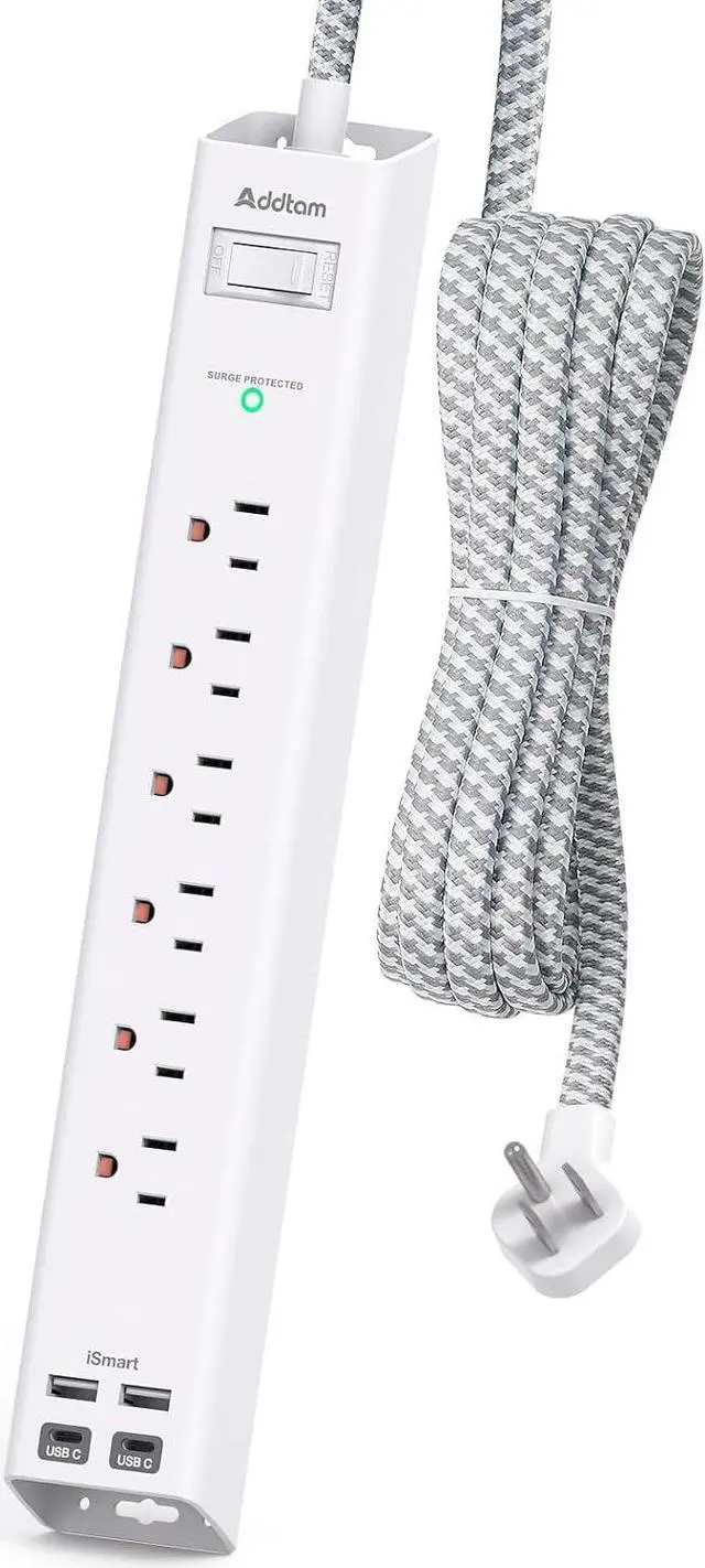 Main image of Power Strip Surge Protector with USB C - Flat Plug Extension Cord with 6 AC Outlets 4 USB (2 USB C), Wall Mount, 5ft, 900 J, Multi Plug Outlet Extender for Home Office Dorm Room Essentials