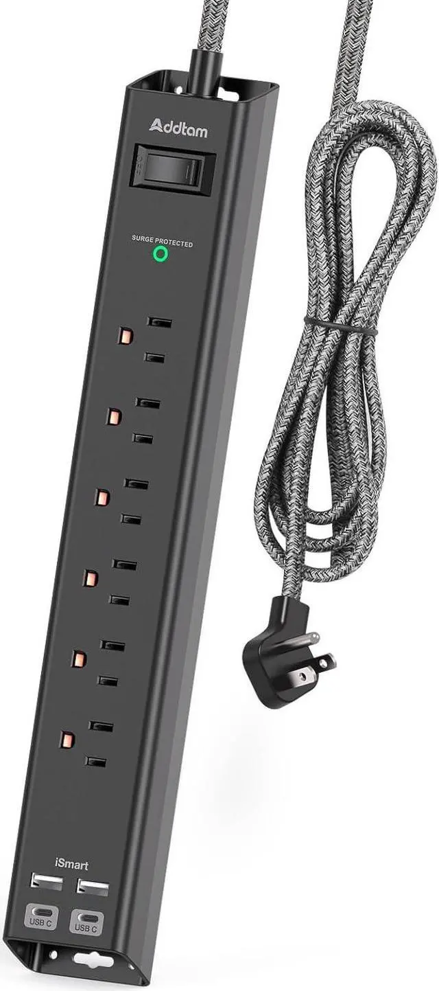Main image of Surge Protector Power Strip - Extension Cord with Addtam 6 AC Outlets 4 USB (2 USB-C Ports), 1875W/15A, Flat Plug with Overload Surge Protection, Outlet Extender for Home Office Dorm Room Essentials