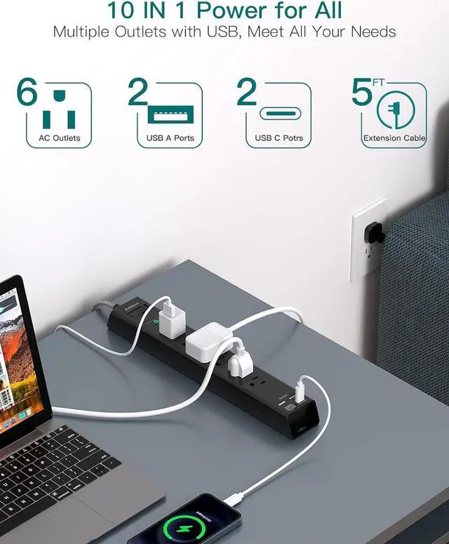 Alt view image 2 of 7 - Surge Protector Power Strip - Extension Cord with Addtam 6 AC Outlets 4 USB (2 USB-C Ports), 1875W/15A, Flat Plug with Overload Surge Protection, Outlet Extender for Home Office Dorm Room Essentials