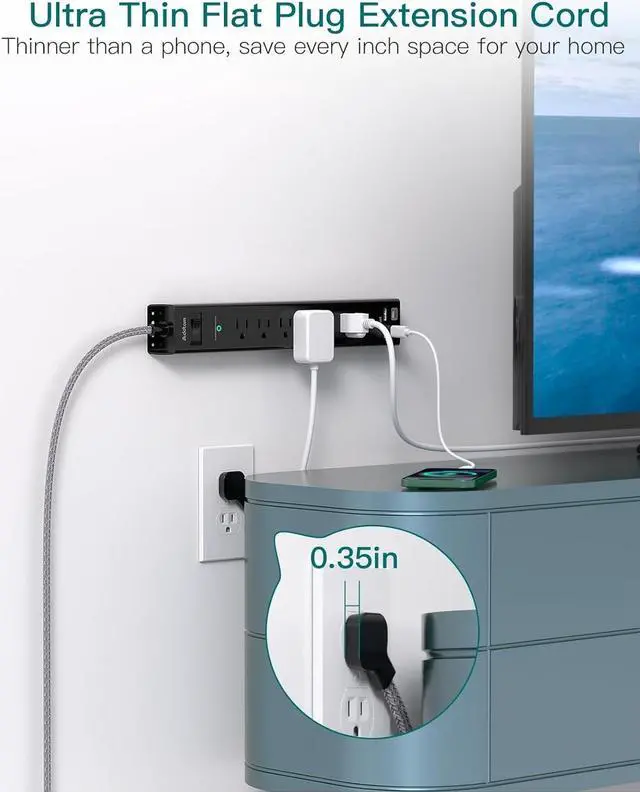 Alt view image 7 of 7 - Extension Cord with Multiple Outlets 10 Ft - Power Strips with Surge Protection, Flat Plug with 6 AC Outlets 4 USB (2 USB-C Ports), Wall Mount Outlet Extender for Home Office Dorm Room Essentials