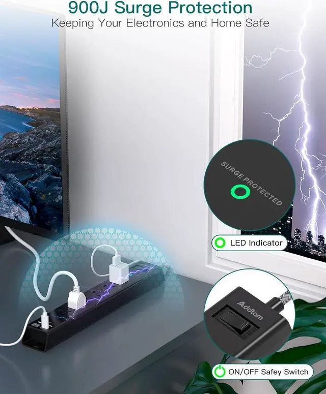 Alt view image 5 of 7 - Extension Cord with Multiple Outlets 10 Ft - Power Strips with Surge Protection, Flat Plug with 6 AC Outlets 4 USB (2 USB-C Ports), Wall Mount Outlet Extender for Home Office Dorm Room Essentials