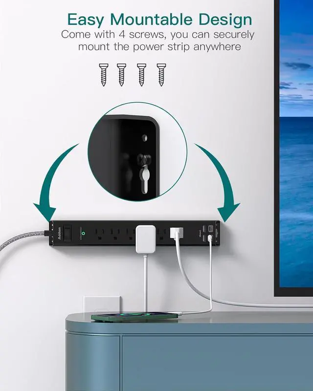 Alt view image 6 of 7 - Extension Cord with Multiple Outlets 10 Ft - Power Strips with Surge Protection, Flat Plug with 6 AC Outlets 4 USB (2 USB-C Ports), Wall Mount Outlet Extender for Home Office Dorm Room Essentials