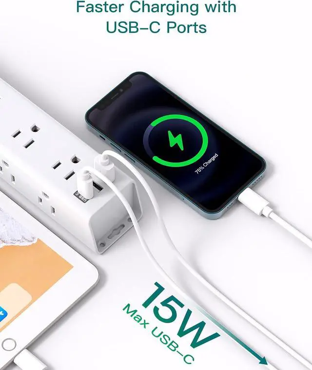 Alt view image 4 of 7 - Desk Power Strip Surge/Overload Protector - Flat Plug, Power Strip, 12 Widely AC Outlets 3 USB (1-USB C), Extension Cord with USB Ports, Wall Mount for Dorm Home Office, ETL Listed