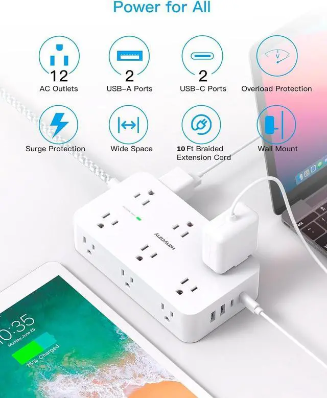 Alt view image 2 of 7 - Extension Cord 10 Ft, Power Strip Surge Protector with 12 Outlets 4 USB Ports (2USB C), Large Desk Power Strip with Long Cord, Flat Plug, Wall Mount for Office Home College Dorm Room Essentials, White
