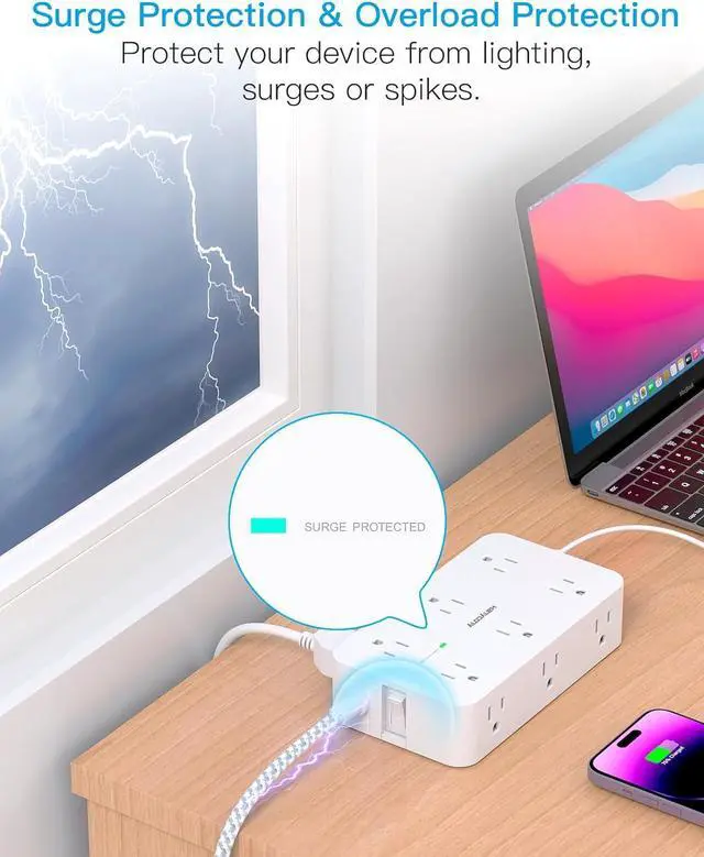 Alt view image 4 of 7 - Extension Cord 10 Ft, Power Strip Surge Protector with 12 Outlets 4 USB Ports (2USB C), Large Desk Power Strip with Long Cord, Flat Plug, Wall Mount for Office Home College Dorm Room Essentials, White