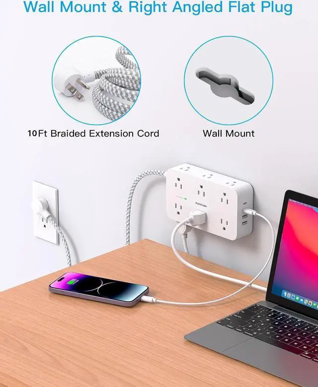 Alt view image 6 of 7 - Extension Cord 10 Ft, Power Strip Surge Protector with 12 Outlets 4 USB Ports (2USB C), Large Desk Power Strip with Long Cord, Flat Plug, Wall Mount for Office Home College Dorm Room Essentials, White