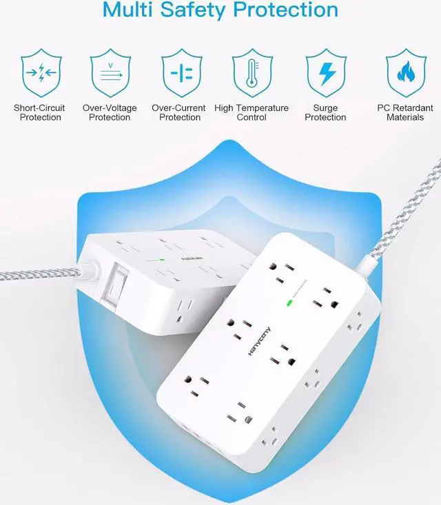 Alt view image 7 of 7 - Extension Cord 10 Ft, Power Strip Surge Protector with 12 Outlets 4 USB Ports (2USB C), Large Desk Power Strip with Long Cord, Flat Plug, Wall Mount for Office Home College Dorm Room Essentials, White