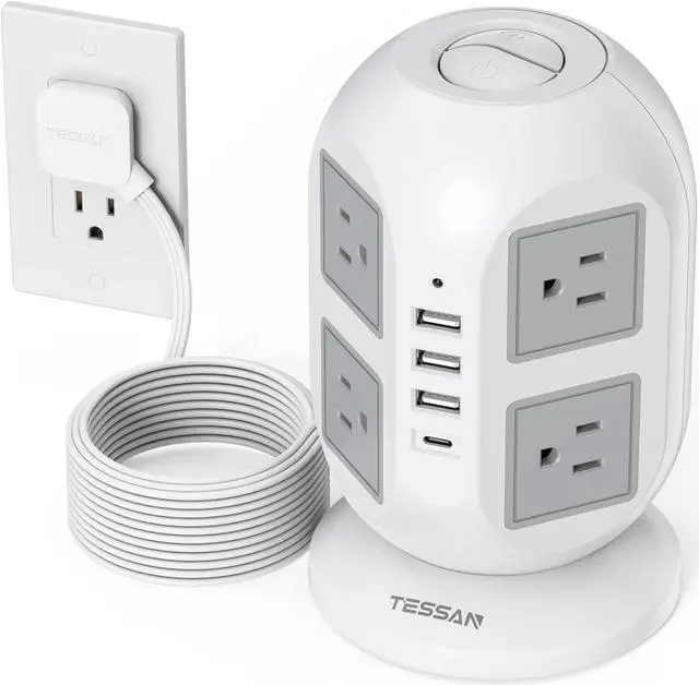 Main image of Tower Surge Protector Power Strip 10 ft, TESSAN Long Flat Extension Cord with Multiple Outlets, 8 AC Outlets with 4 USB Ports (1 USB C), Charging Station with Surge Protection, for Home Office Dorm